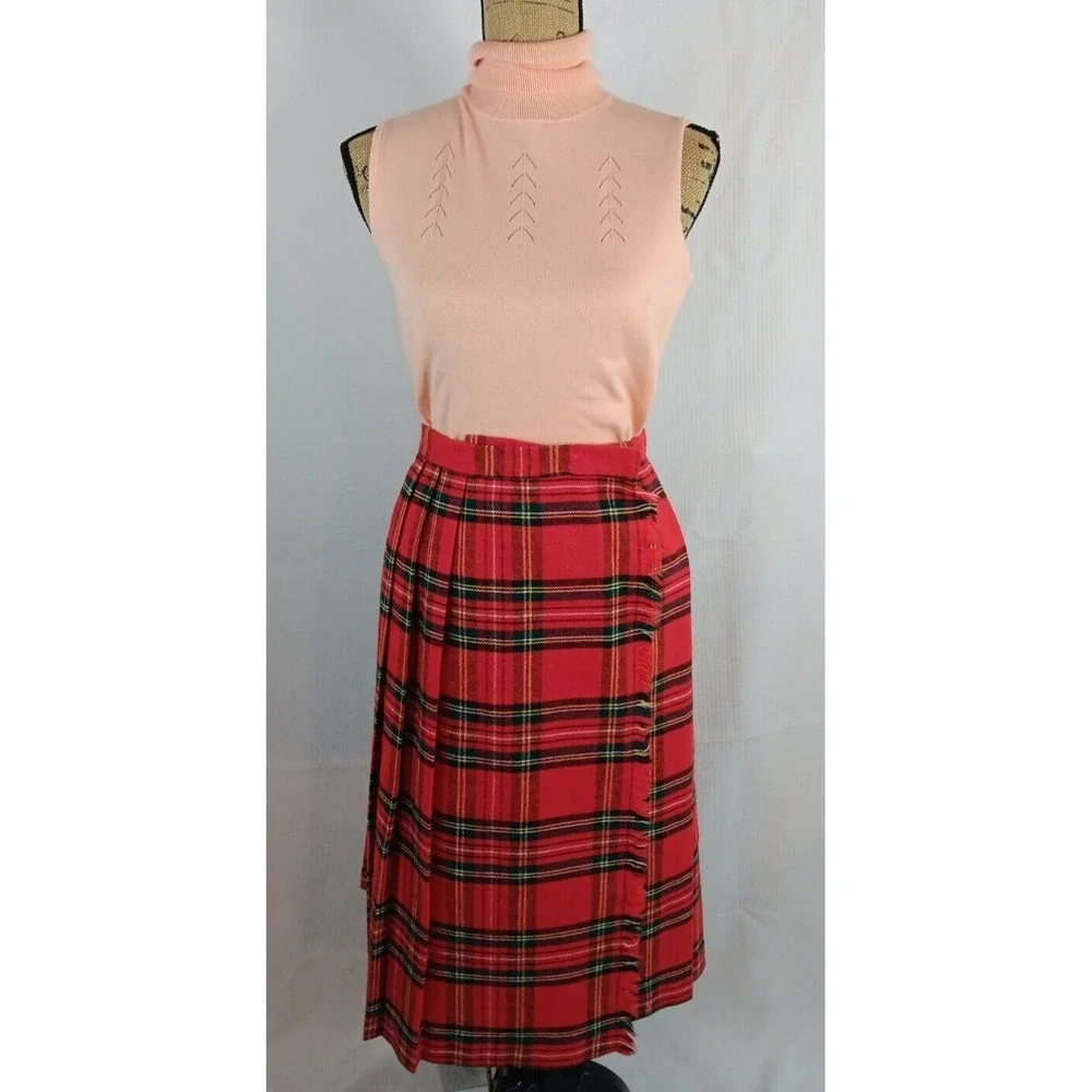 Pleated Tartan Checkered‎ Red Plaid Round Long A-Line Wrap Skirt Sm - Med AA439